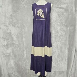 Linda G Honolulu Purple Linen Blend Tropical Leaf Maxi Dress Resort Aloha Hawaii